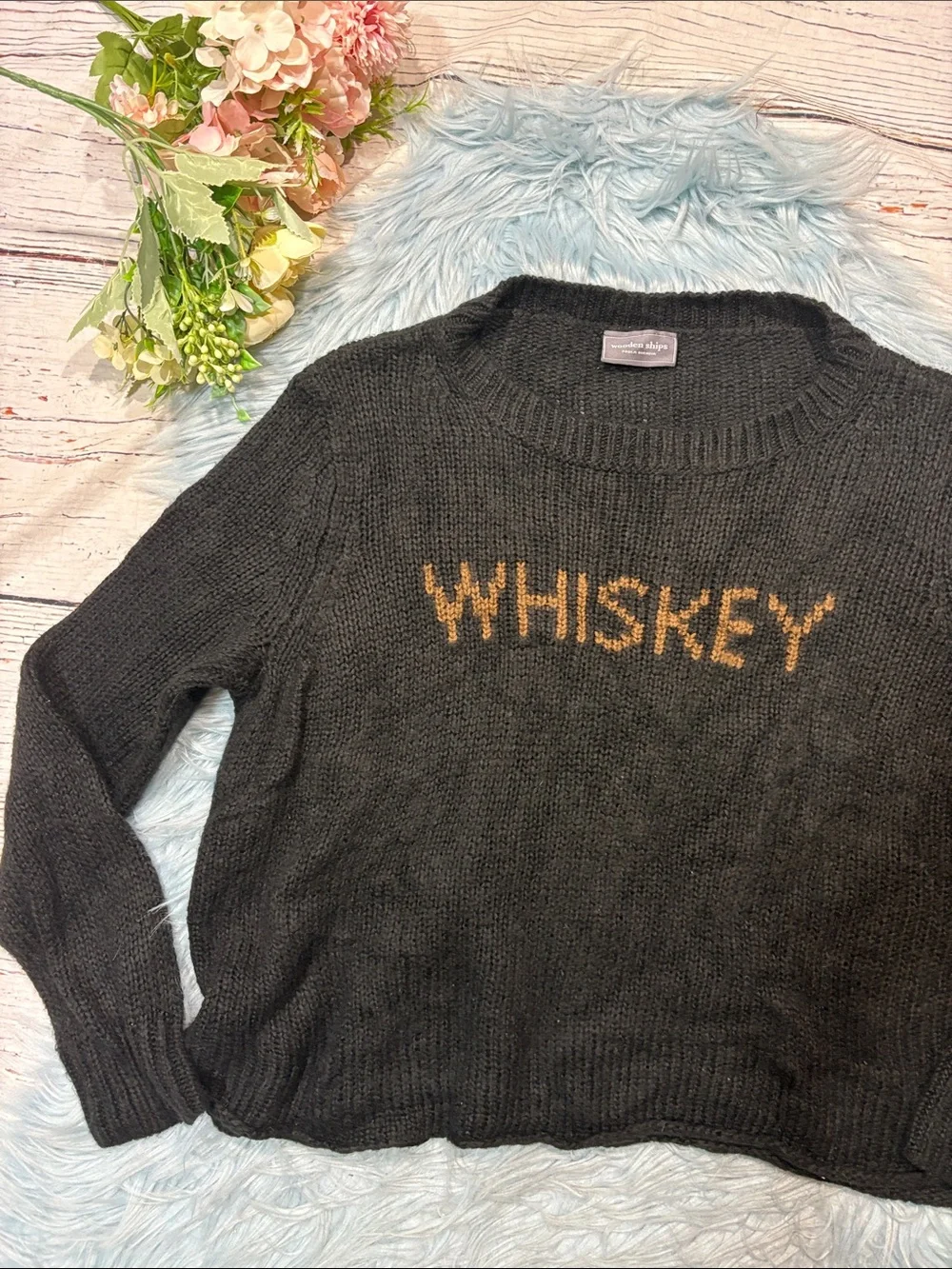 Wooden Ships Whiskey Cozy Knit Black Crew Neck Sweater
